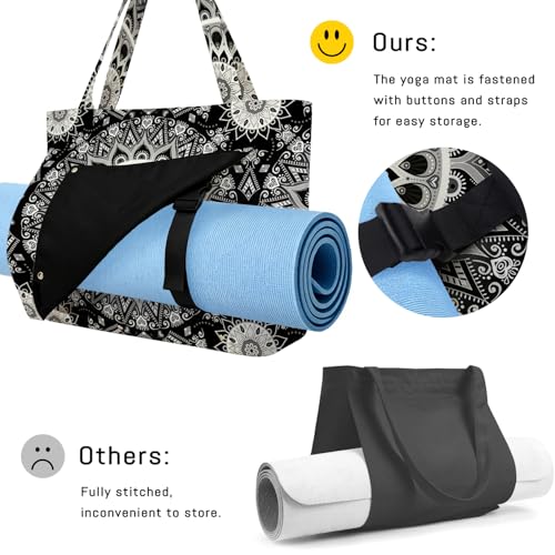 Mandala Yoga Mat Bag Large Yoga Bags and Carrier Fits All Your Stuff Yoga Tote Bags with Zipper Pocket Pilates Bag - color: Black