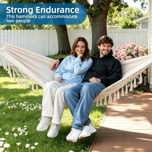 Brazilian Style Double Hammock with Fringe, 2 Person Patio Hammock for Backyard & Indoor Relaxation, Soft Breathable Fabric, Easy Setup with Straps & Carry Bag, 360 lbs Capacity - color: White