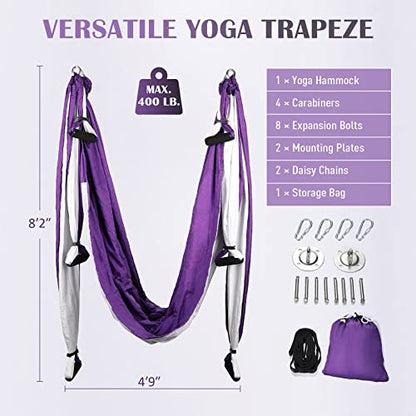 ZELUS Aerial Yoga Swing Sling Strong Yoga Hammock Kit Set Trapeze Inversion Equipment Include 2 Extensions Straps and Ceiling Mounting Kit - color: Purple