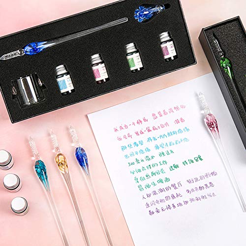Crystal Glass Intarsia Dip Pen Fountain Pen Kit Vintage Calligraphy Signatures Pen with 4 Colors Ink, Pen Holder, Cleaning Cup, Yellow - color: Yellow