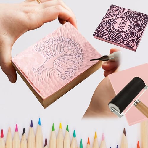 10 Pack Rubber Stamp Making Kit - Block Printing Kit，Linoleum Carving Tools with 8 Type Blades, 8 Pcs Pink Rubber Carving Block and Rubber Brayer Roller - size: 4x6inch-10pcs-kit-pink