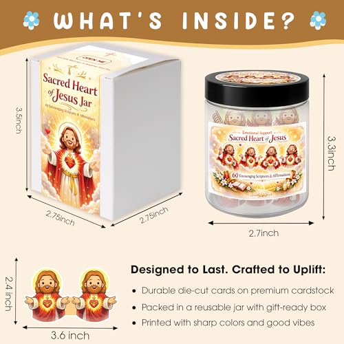 Emotional Support Sacred Heart of Jesus Jar, 60 Affirmation and Bible Cards | Christian Gifts for Women, Religious Birthday Gifts, Jesus Gift for Women, Double-Sided Faith-Based Jar for Men, Teens - color: KAT-K-Sacred Heart of Jesus Jar