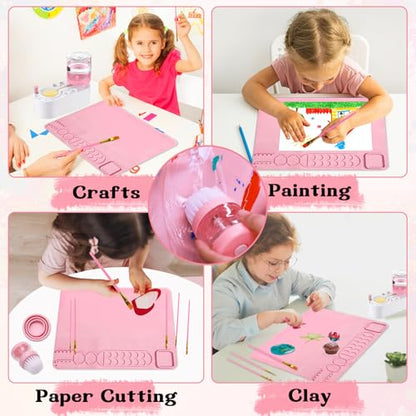 Painting Station Paint Brush Cleaner 20"X16" Silicone Paintings Mat with Cup and Paint Holder 10 Paintings Brushes Children's Painting Set Art Supplies for Kids Back to School Gifts DIY Crafts (Pink) - color: Pink