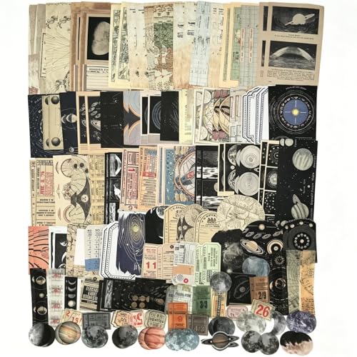 Esweny 200PCS Vintage Scrapbooking Supplies Kit for Journaling, Scrapbook Sticker Paper Pack for Junk Journal Planners Aesthetic Cottagecore Room Decor Wall Art Collage Album - style: Celestial