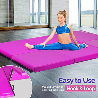 Matladin 6' Folding Tri-fold Gymnastics Gym Exercise Aerobics Mat, 6ft x 2ft x 2in PU Leather Tumbling Mats with Hook & Loop Fastener for Stretching Yoga Cheerleading Martial Arts - color: 'Purple