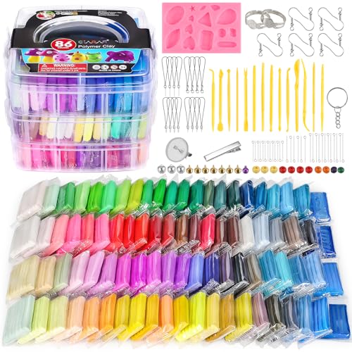 CiaraQ 86-Color Polymer Clay Oven Bake Modeling Kit | 14 sculpting tools, 3-layer storage box, silicone mold, acc. pack, guide. Great for school, home, gifts, kids & artists. - color: 86 Colors, size: 20g / pcs