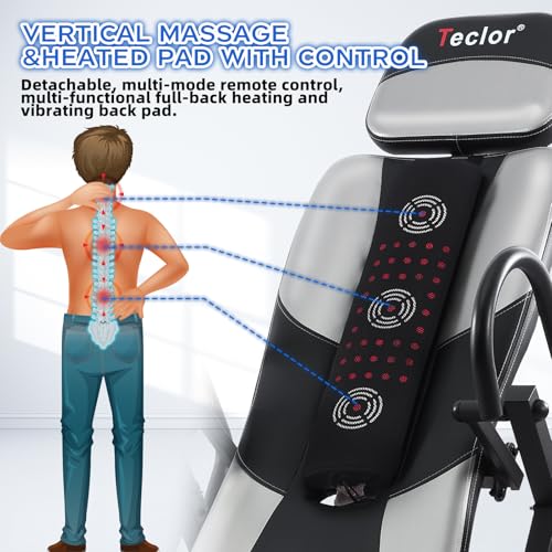 Teclor Inversion Table,Advanced Heat and Massage Function,Strength Training Inversion Table for Back Pain Relief,Heavy Duty Inversion Table 350 lbs Capacity with Wider and Thickened Backrest - color: 실버/블랙.