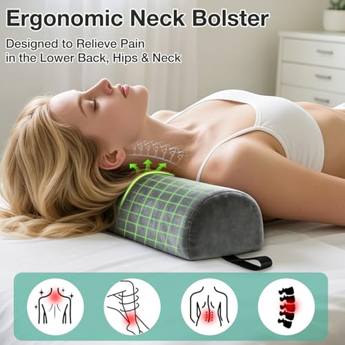 Half Round Neck Bolster for Massage Table, 17x6x4 in Massage Bed Leg Pillow | Velvet Half Moon Pillow w/Strap Handle for Sleeping, Machine Washable Knee Bolster for Massage Bed, Pain Relief - Gray - color: Small Gray - 17x6x4 in - Crystal Velvet