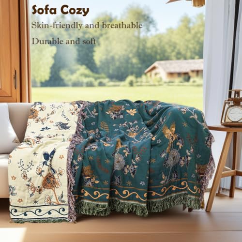 VANJOROY Boho 100% Cotton Large Throw Blanket - All Season Rustic Ultra Soft Breathable Floral Bird King Blanket for Bed Sofa Couch Chair Bedspread Quilt Gift, 91" x 98"-Teal/Beige - color: Flower-bird, size: King (91" X 98")
