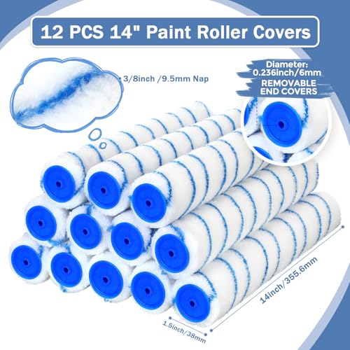 Leumoi 12 Pcs 14 Inch 3/8" Nap Paint Roller Covers Bulk Microfiber Refill Roller Cover with End Caps Painter Lint Free Paint Kit Home Repair Tools for Most Types of Surfaces - size: 14 Inch 3/8" Nap