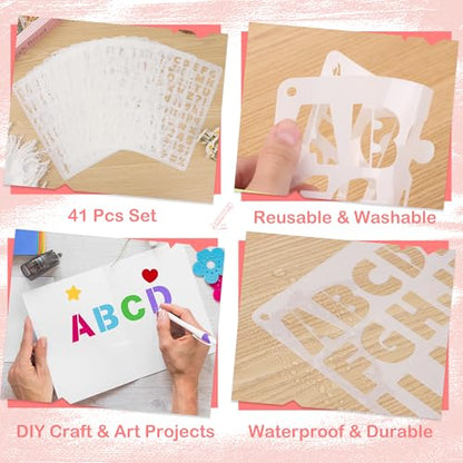 41Pcs Letter Stencils Reusable Small Alphabet Number Stencils for Painting | 1/2,3/4,1,5/4,2Inch,stencil letters,Small Plastic Templates,5 Font,Shape Stencils for Crafts,Drawing, Notebook,Home Decor