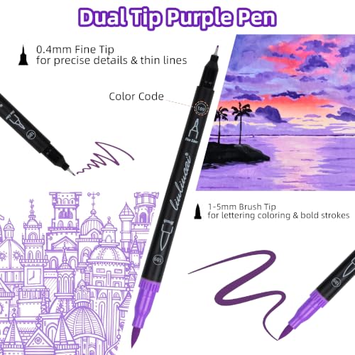 LIULIUCAI 10 Purple Dual Marker, Fine & Brush Tip Pen for Adult Coloring | Violet Marker Pen, Royal Purple Markers for Galaxies, Lavender, Fantasy Art, Outlining Illustration, Mystical Designs - color: 10 Purple