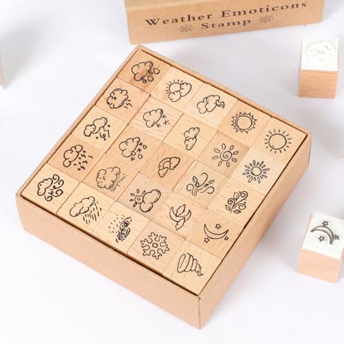 25 pcs Wooden Rubber Stamp Set, Various Weather Patterns Wood Stamps for Journal, Diary, Scrapbook, Planner, Letter, DIY Craft, Card Making - color: Weather