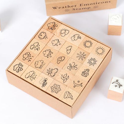 25 pcs Wooden Rubber Stamp Set, Various Weather Patterns Wood Stamps for Journal, Diary, Scrapbook, Planner, Letter, DIY Craft, Card Making - color: Weather