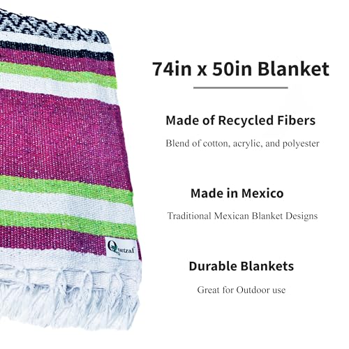 Quetzal 4 Pack Mexican Blankets, 74"x50", Apple Green/Magenta/Navy Cancun