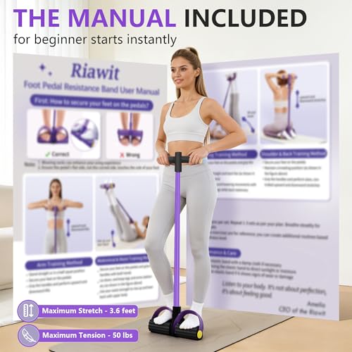 Pedal Resistance Band with Handle, 6-Tube Natural Rubber Exercise Bands - color: Black & Purple
