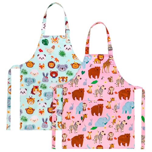 2 Pack Kids Apron, Cute Cooking Aprons, Waterproof Art Apron with Pockets, Toddler Painting Artist Apron Adjustable - color: Forest Animals, size: 45*62cm
