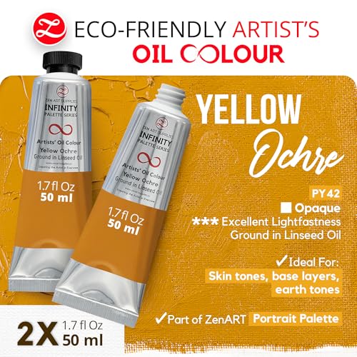 ZenART Professional Oil Paint Set - Artist Grade Yellow Ochre - 2x50ml | Non-Toxic, Buttery Consistency, Rich Pigment, Lightfast Oil Paints for Primed Surface Canvas, Fine Art, Portraits & Landscape - color: Yellow Ochre
