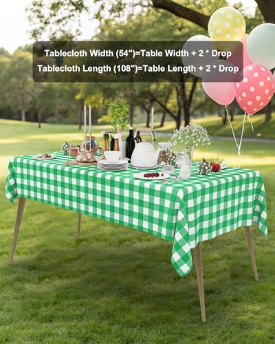 Smiry 8 Packs Gingham Disposable Table Cloth, 54 x 108 Inch Waterproof Plastic Tablecloth, Rectangle Green and White Checkered Table Covers for Party, Birthday, Picnic, Banquet - color: Green and White, size: 54"x108" (Pack of 8)
