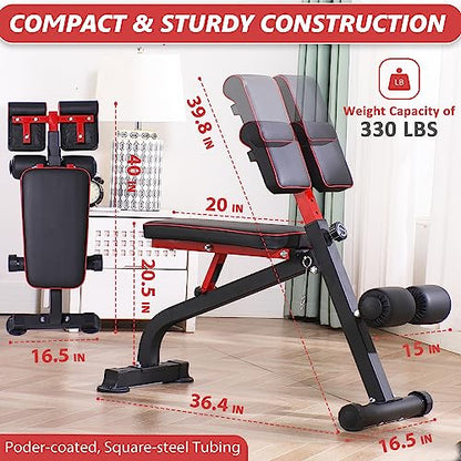 BODYRHYTHM Compact Adjustable Weight Bench for Full Body Strength Training, Ab/Back Hyper Roman Chair, Adjustable Ab Sit up Bench, Incline Decline Bench, Flat Bench, Hyperextension Bench, Back Extension Machine - color: Black