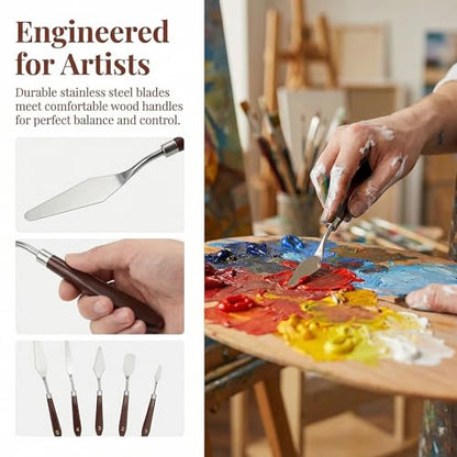 5pcs Palette Knife Painting Stainless Steel Spatula Wood Handle | Oil Paint Knives, for Oil Painting, Acrylic Painting, Paint Mixing, Texture Art, Canvas and Artist Use - color: Brown-5pcs