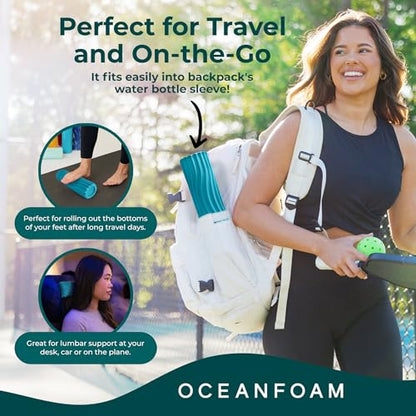 Oceanfoam Ripple Travel Foam Roller (11" x 3.35") Firm Mini Foam Roller for Physical Therapy, Deep Tissue Massage, Back Pain, High Density, Ergonomic Wave Textured, Yoga, Pilate, Exercise (Miami Blue) - color: Miami Blue