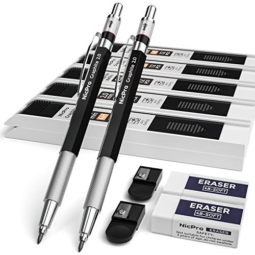 Nicpro 2mm Metal Mechanical Pencil Set with Case, 2PCS | Lead Pencil Holder 2.0 mm+120PCS Lead Refills (4H 2H HB 2B 4B Color), 2mm Pencils for Drafting Writing Drawing Sketching - size: 2 Pack