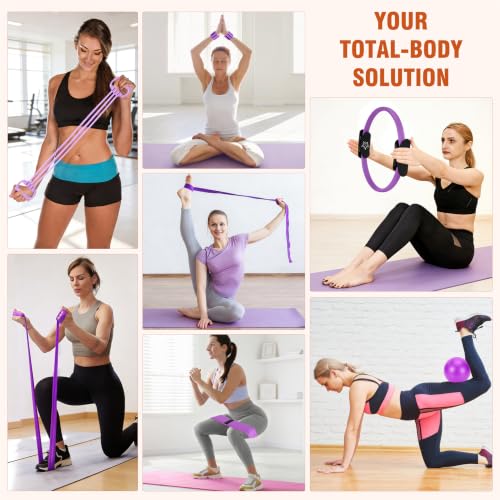 Pilates Kit Equipment, Pilates Ring and Ball for Women Home Workout | Pilates Set with 14'' Magic Circle, Wrist Weights, Resistance Bands, Yoga Strap, Socks, Bag, Essentials Accessories Kit - color: Purple