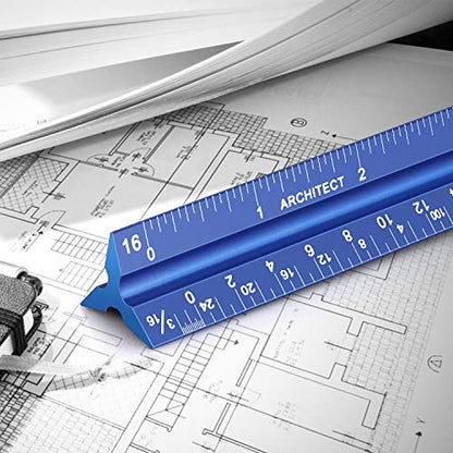 12" Architectural Scale Ruler Aluminum Architect Scale Ruler, Blue | Triangular Scale Ruler for Architects, Draftsman, Students and Engineers - color: Blue