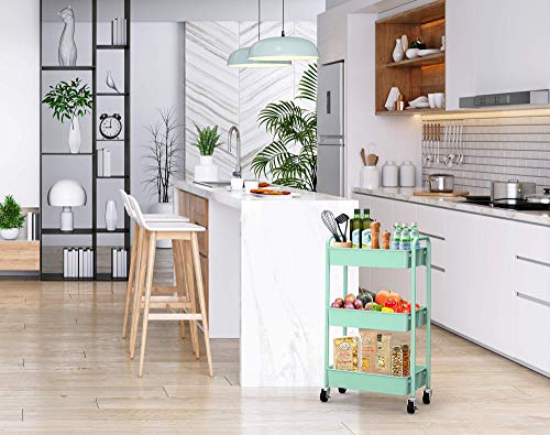 CAXXA 3-Tier Rolling Metal Storage Organizer - Mobile Utility Cart, Kitchen Cart with Caster Wheels (Aqua Green)