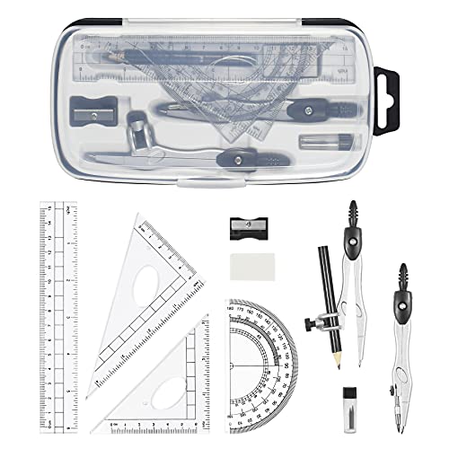 Unjoo Math Geometry Kit Sets 10 Piece Student Supplies, Compass Set, Black | Shatterproof Storage Box,Rulers,Protractor,Compass,Eraser,Pencil Sharpener,Lead Refills,for Classroom - color: Black1