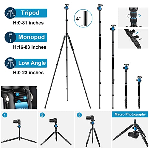 JOILCAN 81" Tripod for Camera Phone, 83" Aluminum Camera Tripod Monopod | Tall DSLR Tripod with 360°Ball Head, Heavy Duty Travel Tripod for Binoculars Spotting Scope Telescope, Payload 35lb - color: Blue