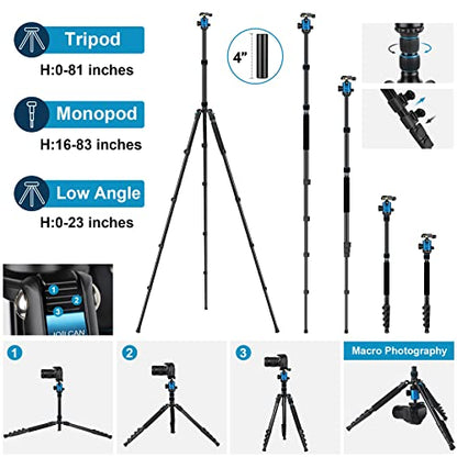 JOILCAN 81" Tripod for Camera Phone, 83" Aluminum Camera Tripod Monopod | Tall DSLR Tripod with 360°Ball Head, Heavy Duty Travel Tripod for Binoculars Spotting Scope Telescope, Payload 35lb - color: Blue