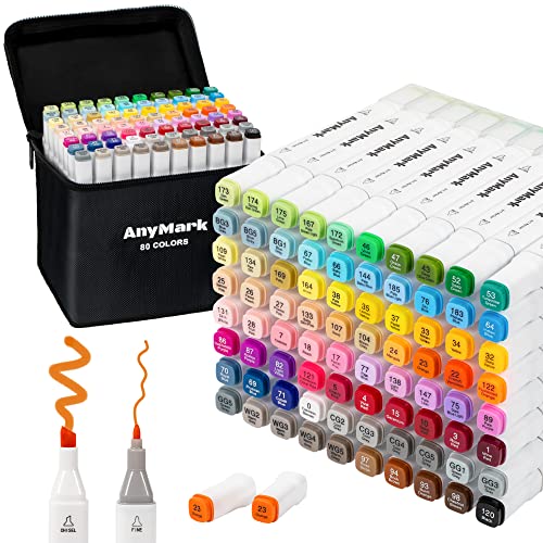 AnyMark 80 Colors Alcohol Markers Chisel & Fine Dual Tip | Coloring Markers Set for Adult Book Drawing Sketching Painting, Illustration, White Penholder