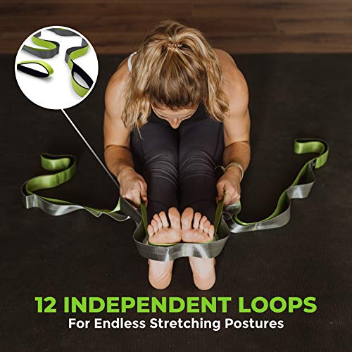 Gradient Fitness Stretching Strap for Physical Therapy, 12 Multi-Loop Stretch Strap 1.5" W x 8' L, Neoprene Handles, Physical Therapy Equipment, Yoga Straps for Stretching, Leg Stretcher. - color: Green/Grey