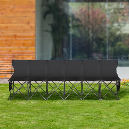VEVOR Portable Folding B ench, 6 Seats Foldable Sideline B ench, Outdoor Camping Bench Chair with Carry Bag & Backrest, Team Sport Sideline B ench, No Assembly Instant Seating, Black | Lightweight Foldable Sideline Seating with Side Pockets, Carrying Bag,