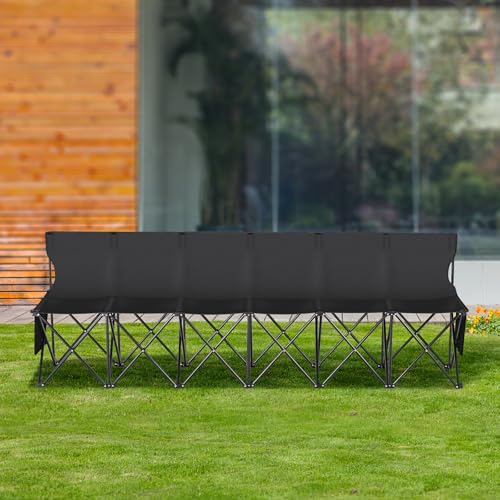 VEVOR Portable Folding B ench, 6 Seats Foldable Sideline B ench, Outdoor Camping Bench Chair with Carry Bag & Backrest, Team Sport Sideline B ench, No Assembly Instant Seating, Black | Lightweight Foldable Sideline Seating with Side Pockets, Carrying Bag,