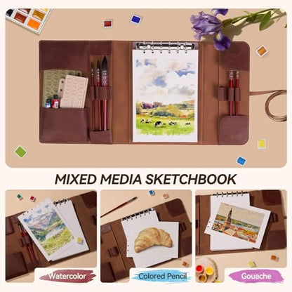 LIGHTWISH Watercolor Pad - A5 20 Sheets 100% Cotton 300GSM Cold Press Paper | Detachable with Backing Board | All-in-One Travel Watercolor Journal with Brush Holders & Storage Pockets - color: Ochre
