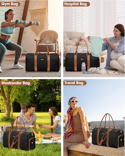 Women Weekender Travel Duffle Bag: Travel Duffel Overnight Bags with Shoe Compartment Large Carry on Tote with Toiletry Bag Weekend Traveling Yoga Gym Hospital Bag for Women with Wet Pocket - color: 09-Black Brown, size: Large