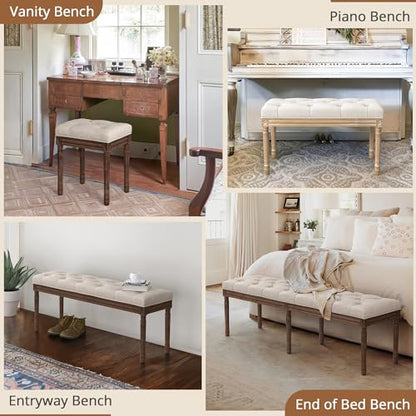 LUE BONA 60" Fabric End of Bed Bench, Upholstered Tufted French Bedroom Bench with Carved Dark Brown Legs for Bedroom End of King Size Bed, Living Room, Linen - color: Linen and Dark Brown, size: 60''