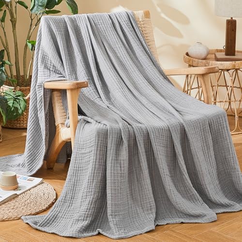 EMME Cotton Muslin Large Throw Blanket Couch Breathable Gauze Soft Lightweight Bed Blankets Adults (Heather Grey, 50"x70") - color: 04 - Grey, size: Large Throw (50" X 70")