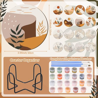 Reallnaive 8 Pcs Boho Paint by Numbers Kit for Adults Wooden Coasters | Mini Paint by Numbers, Tiny Cute Round Oil Painting Drink Coaster with Holder, for Small DIY Craft Birthday Gift - style: Boho