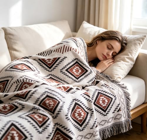 Luxlovery Beige Bohemian Sofa Throw Blankets Ethnic Woven Boho Geometric White and Khaki Throw Blanket for Couch Aztec Bed Throws Oversized Chair Sofa Cover with Tassels(51"x70") - color: Mocha, size: 51"x70",130x180cm