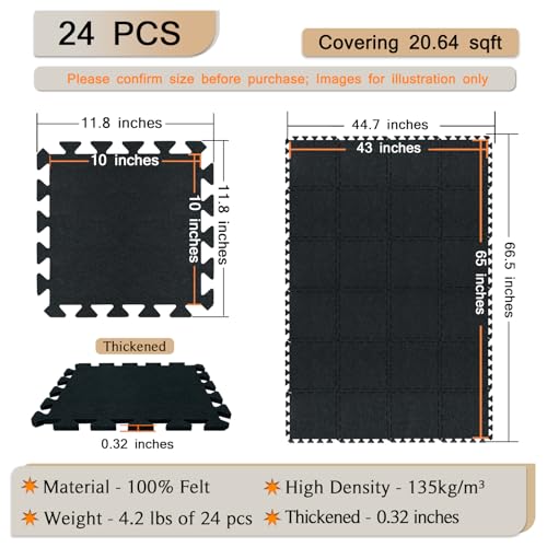 BXI Puzzle Exercise Mat 24 Pcs, 11 x 11 x 0.32 inches, High Density Noise Reduction Puzzle Felt Rug Mat, Non Slip Interlocking Floor Tiles for Workout, Gymnastics and Home Gym Protective Flooring - size: 0.32" Thickness, 24 Pcs