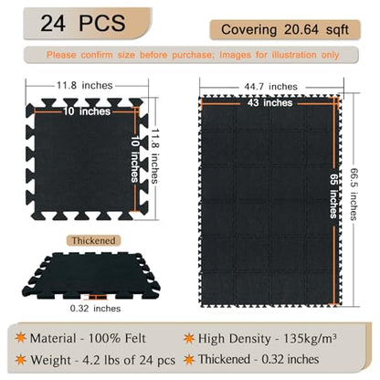 BXI Puzzle Exercise Mat 24 Pcs, 11 x 11 x 0.32 inches, High Density Noise Reduction Puzzle Felt Rug Mat, Non Slip Interlocking Floor Tiles for Workout, Gymnastics and Home Gym Protective Flooring - size: 0.32" Thickness, 24 Pcs