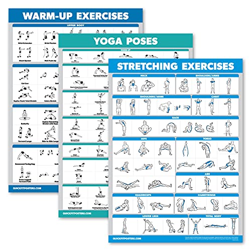 Palace Learning 3 Pack - Warm Up Exercises + Stretching Exercises + Yoga Workouts - Set of 3 Workout Charts (LAMINATED, 18” x 24”)