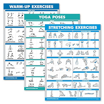 Palace Learning 3 Pack - Warm Up Exercises + Stretching Exercises + Yoga Workouts - Set of 3 Workout Charts (LAMINATED, 18” x 24”)