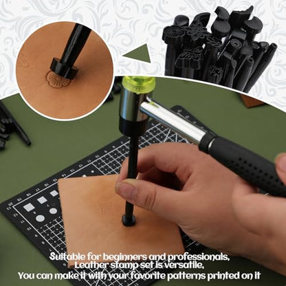QMNNMA Leather Stamping Tools, Leather Stamps Kit for Leather Working | Leather Carving Tool Kit with Leather Scriber Pen, Leather Working Hammer and Tracing Paper