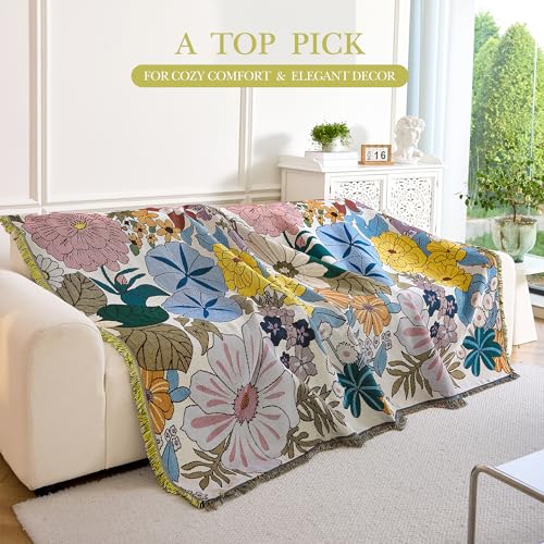 VANJOROY Boho Throw Blanket for Couch Cover, 100% Handwoven Cotton Southwestern Farmhouse Floral Decor Reversible Blanket, All Season Throw for Sofa Bed Tapestry Outdoor Camping Picnic. 71″×134″ - color: Colorful Flower, size: 71″×134″