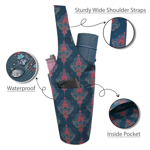 Yoga Mat Bag Yoga Tote Bag with Large Pocket and Zipper Pocket Yoga Mat Bag Carrier Fit Most Size Mats and All You Stuff - color: dark cyan